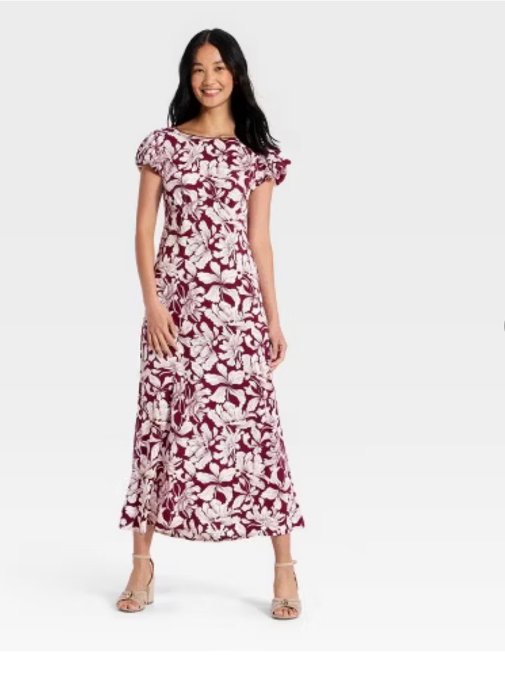 TARGET Puff Short Sleeve Floral Maxi Dress - A New Day™ Burgundy sz M